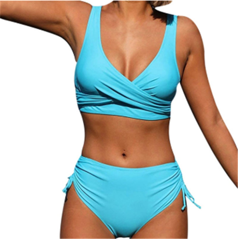 High-Waist Gathered Bikini with Rope