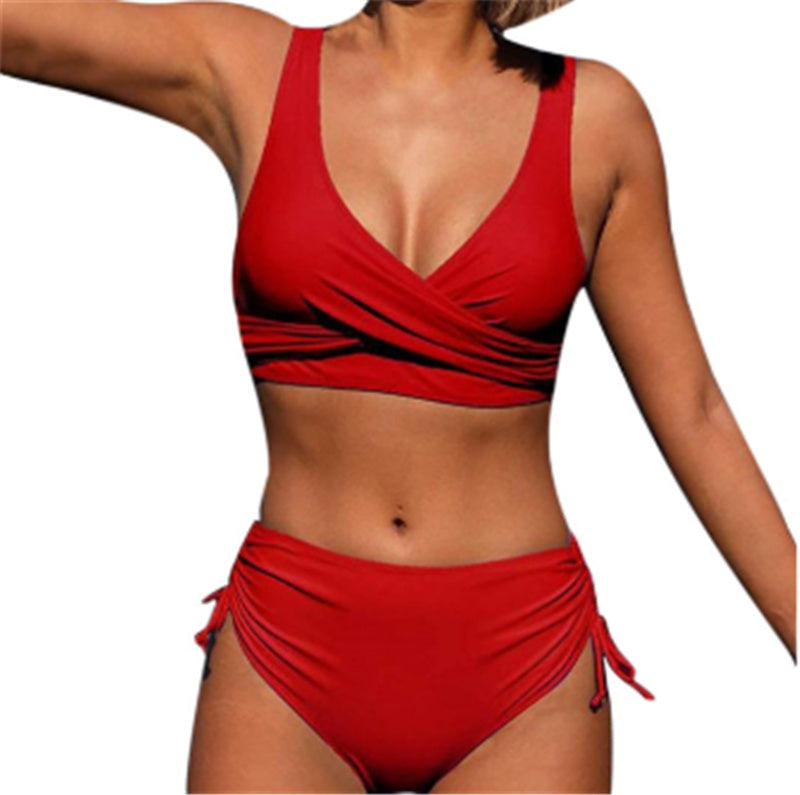 High-Waist Gathered Bikini with Rope