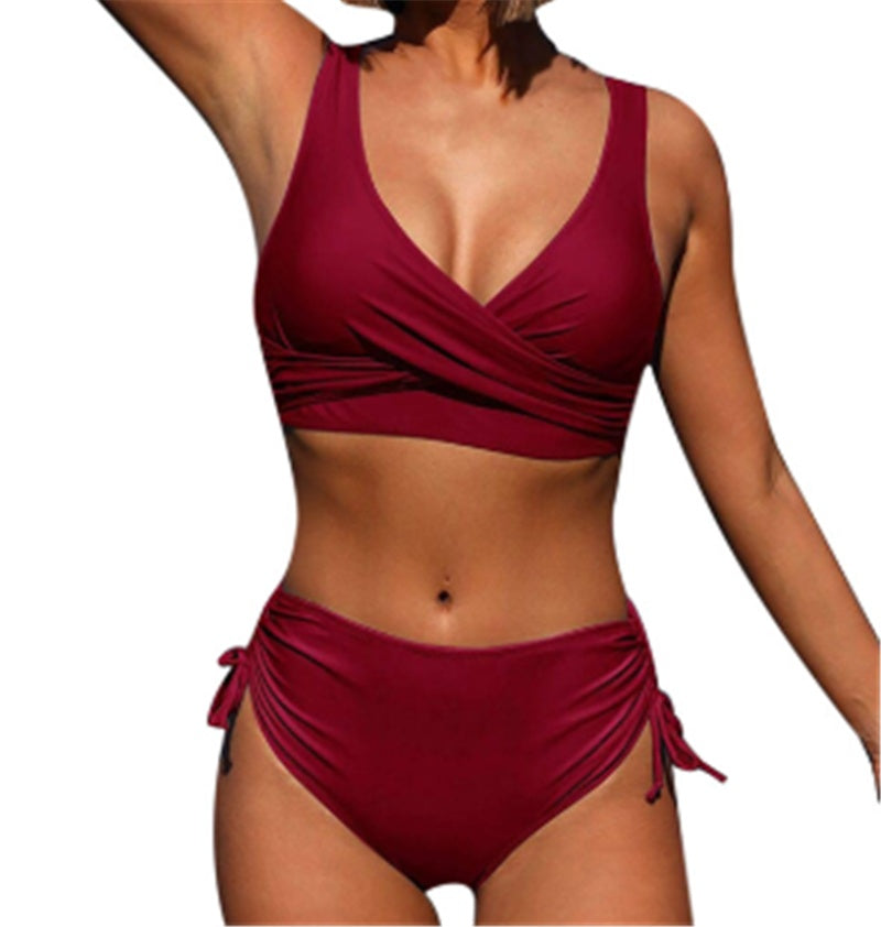 High-Waist Gathered Bikini with Rope