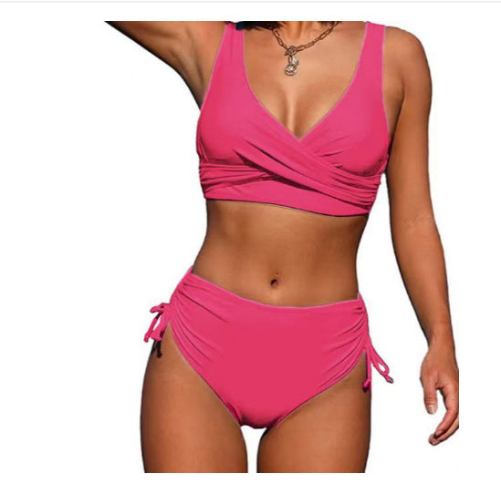 High-Waist Gathered Bikini with Rope