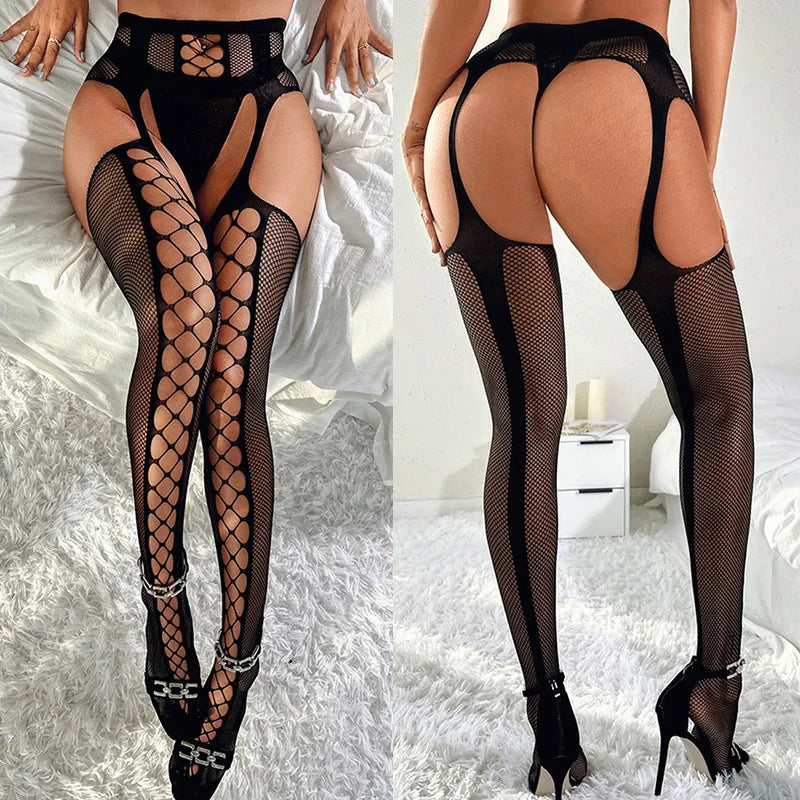 Erotic Crotchless Stockings Sexy Lingerie Women Fishnet High Tights Long Mesh Striped Pantyhose Black Stockings with Garters Set